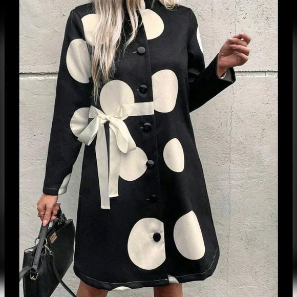 Women's Autumn/Winter Geometric Print Side Tie Long Sleeve Elegant Coat - Picture 4 of 5